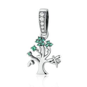 Pendentif charm en argent arbre de vie fleuri de zircons verts