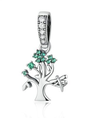 Pendentif charm en argent arbre de vie fleuri de zircons verts