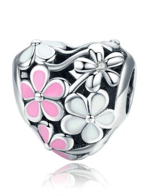 Charm perle en argent coeur orné de fleurs