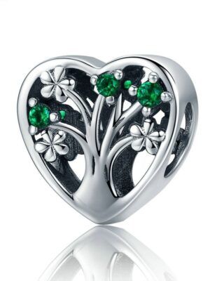 Charm perle en argent arbre de vie aux cristaux verts dans un coeur