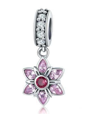 Pendentif charm fleur en argent aux zircons rose